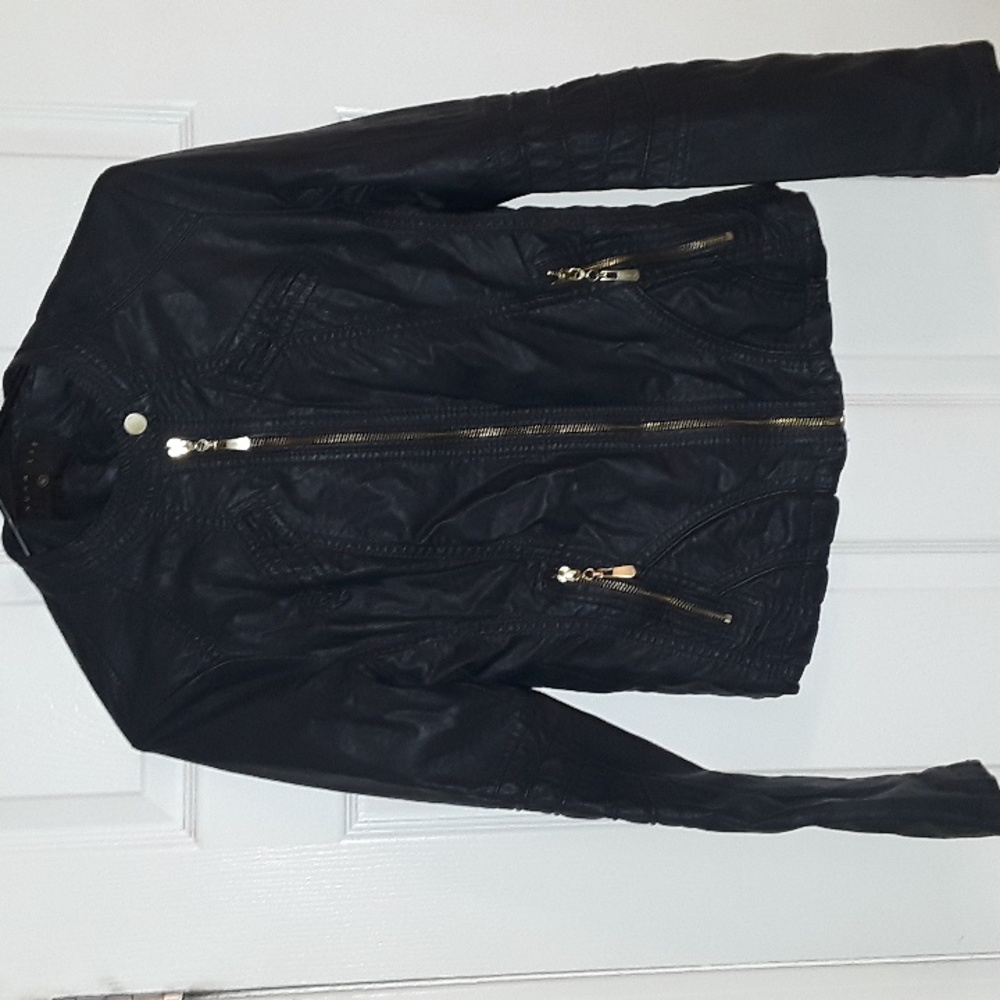 Faux Leather dark Navy Moto Jacket Bought in Italy - Quality! Vegan Gold zip S - Picture 10 of 15